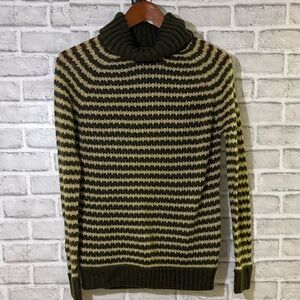 Yoki Olive and Cream Striped Turtleneck Sweater, large knitted